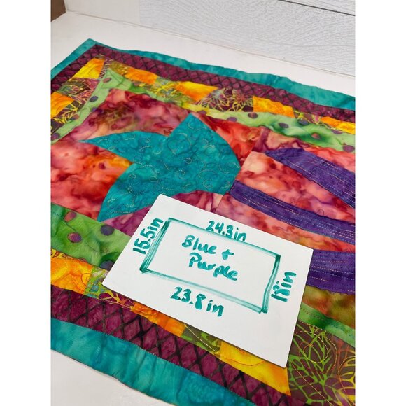 Handmade Tulip Floral Quilted Wall Hangings Place Mats Purple Teal Batik Fabric - Picture 4 of 11